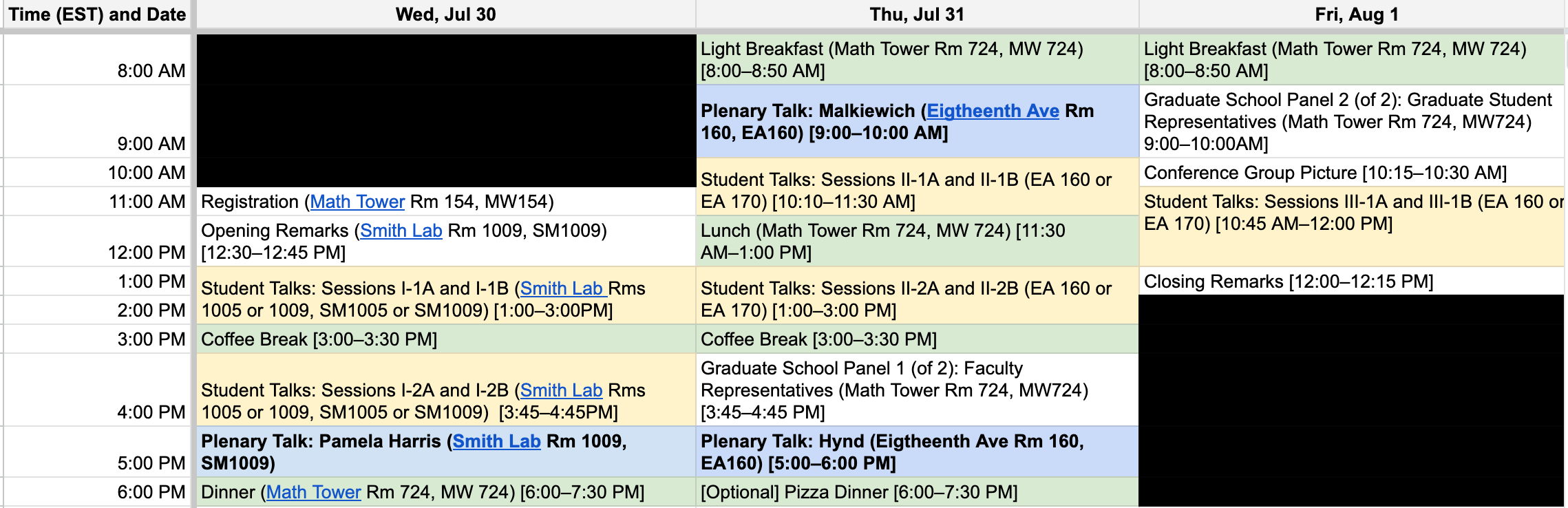 Overview schedule for Young Mathematicians Conference (YMC) 2025