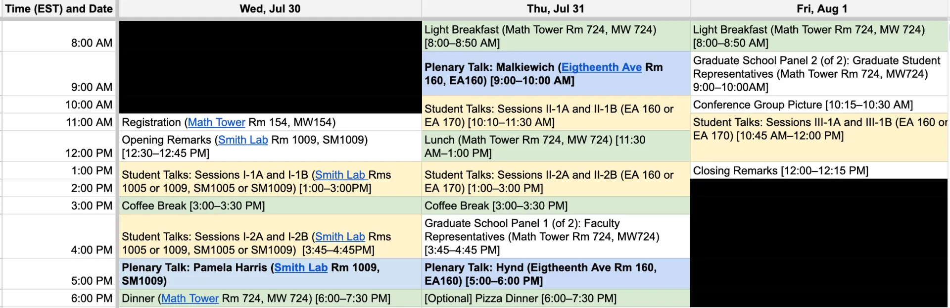 Overview schedule for Young Mathematicians Conference (YMC) 2025